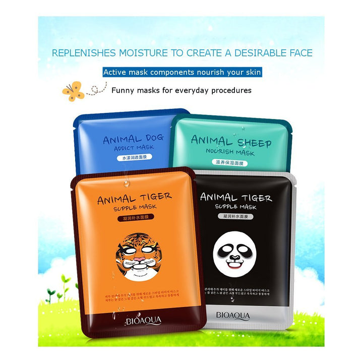 Moisturizing Face Mask Sheet Enriched with Natural Serum for Radiant and Nourished Skin. At Home Spa Facial with Fun Animal Characters: Panda, Tiger, Sheep, Dog (4 Sheets Variety Pack)