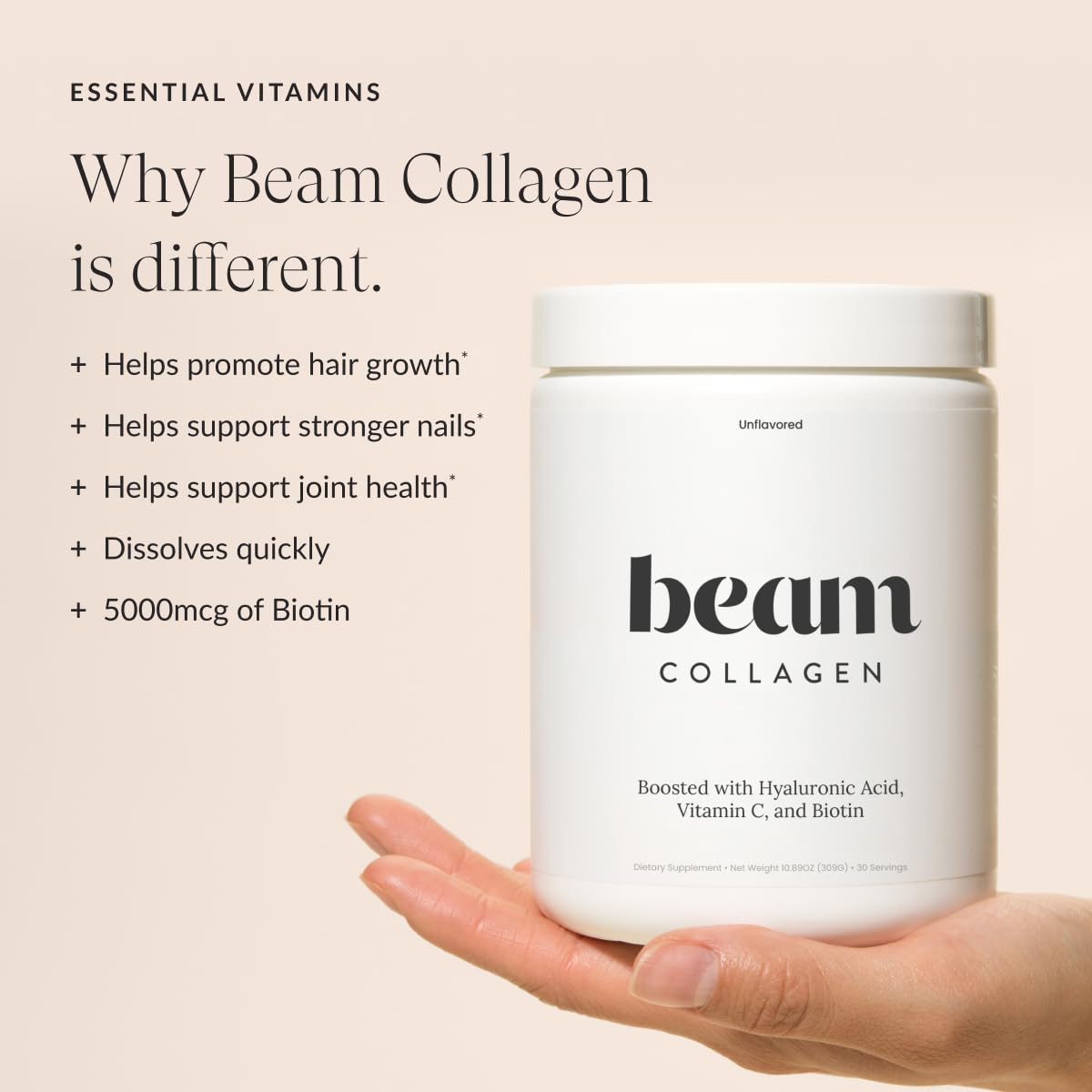 Beam Collagen Powder, Collagen Peptides For Women & Men, Grass Fed Collagen Supplements with Biotin, Protein and Hyaluronic Acid, Hair, Skin, Nail & Joint Support, Gluten Free, Sugar Free, 30 Servings