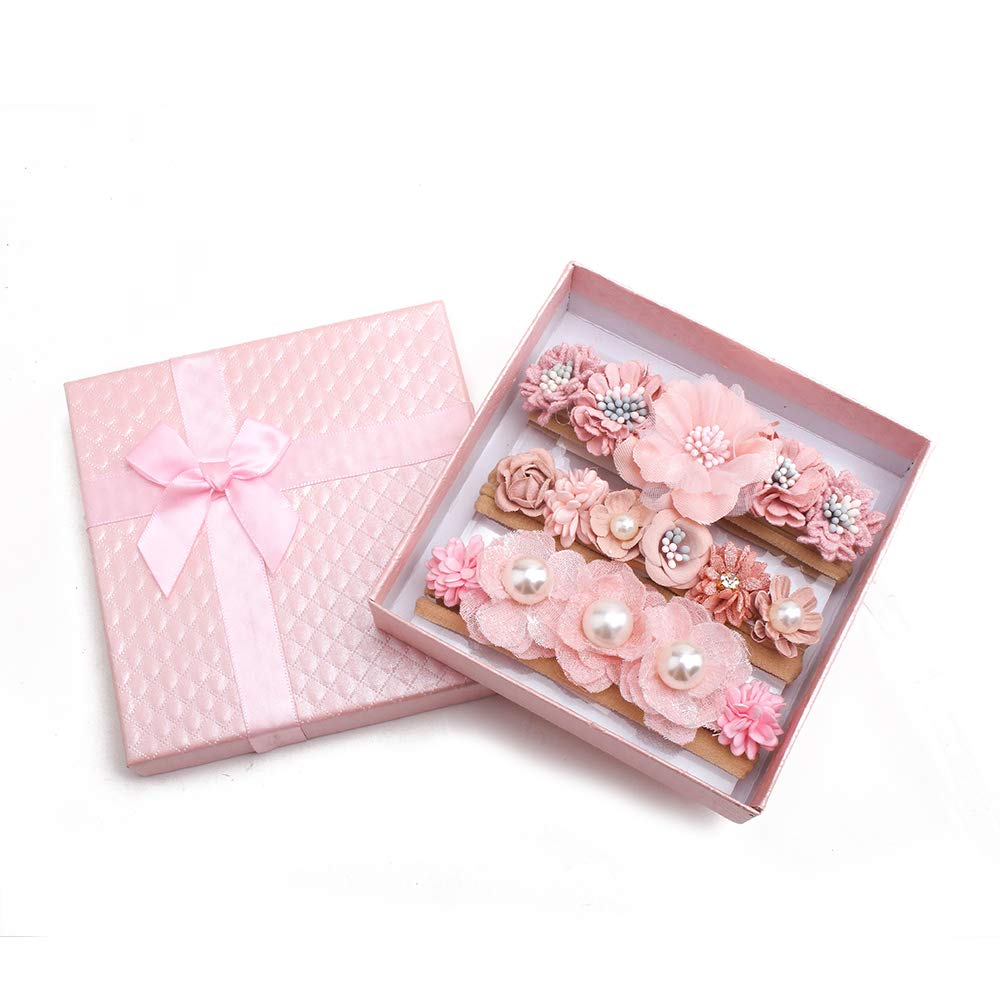 cherrboll 3pcs Baby Girl Flower Headbands, Super Soft & Stretchy Nylon Floral Hairbands for Newborn Toddler