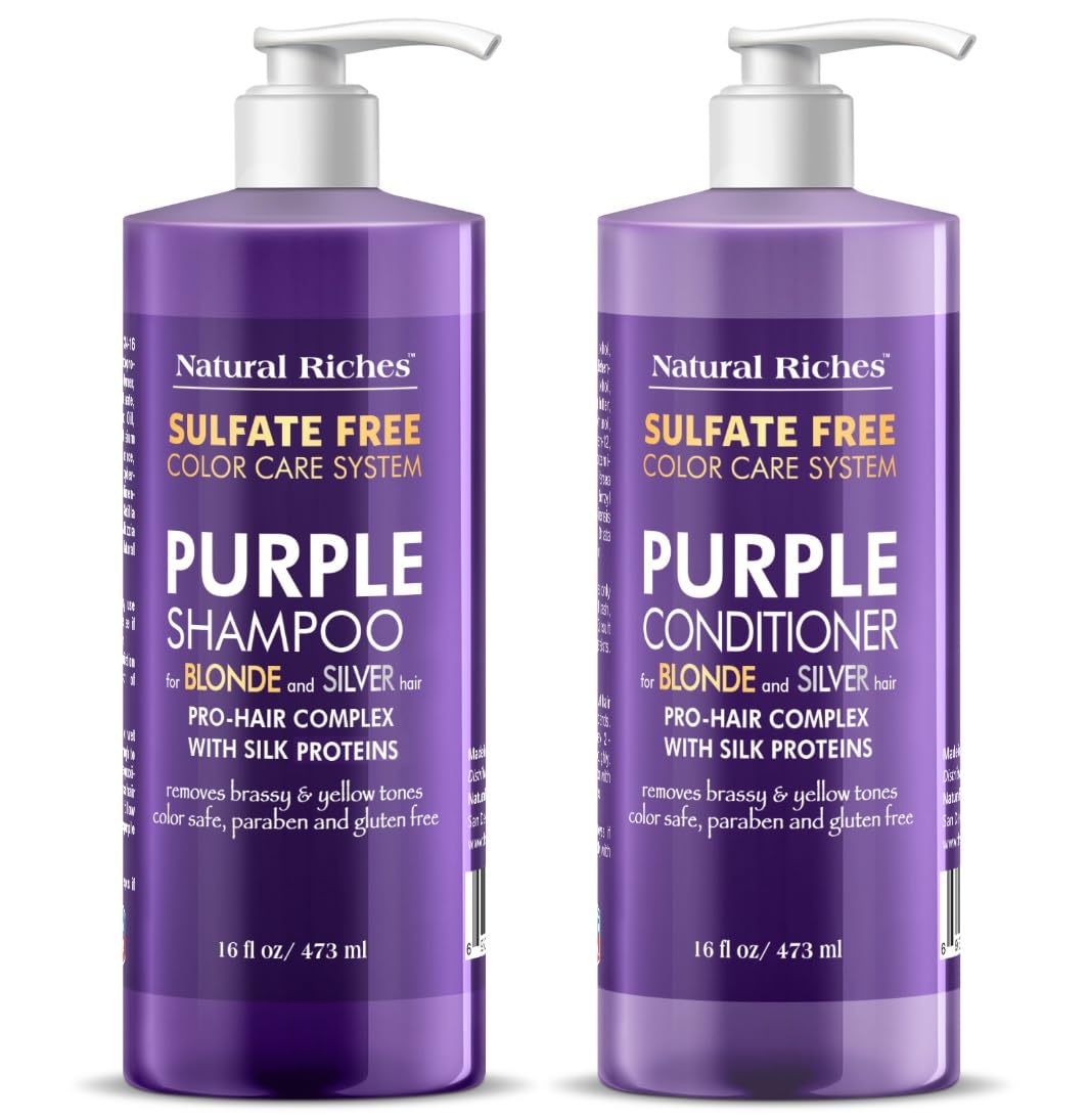 Natural Riches Purple Shampoo and Conditioner Set Sulfate Free Salon Grade for Silver Blonde Platinum Hair. Removes Yellow & Brass tones. Grey Highlighted Hair 16x2 fl oz