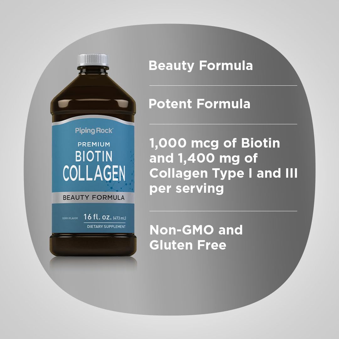 Piping Rock Liquid Collagen and Biotin 16 fl oz | Premium Beauty Formula Supplement | Type 1 and 3 | Berry Flavor | Non-GMO and Gluten Free