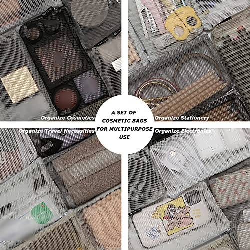 Sea Team 6pcs Multicolored Portable Travel Toiletry Pouch Nylon Mesh Cosmetic Makeup Organizer Bag with Zipper, Monochrome