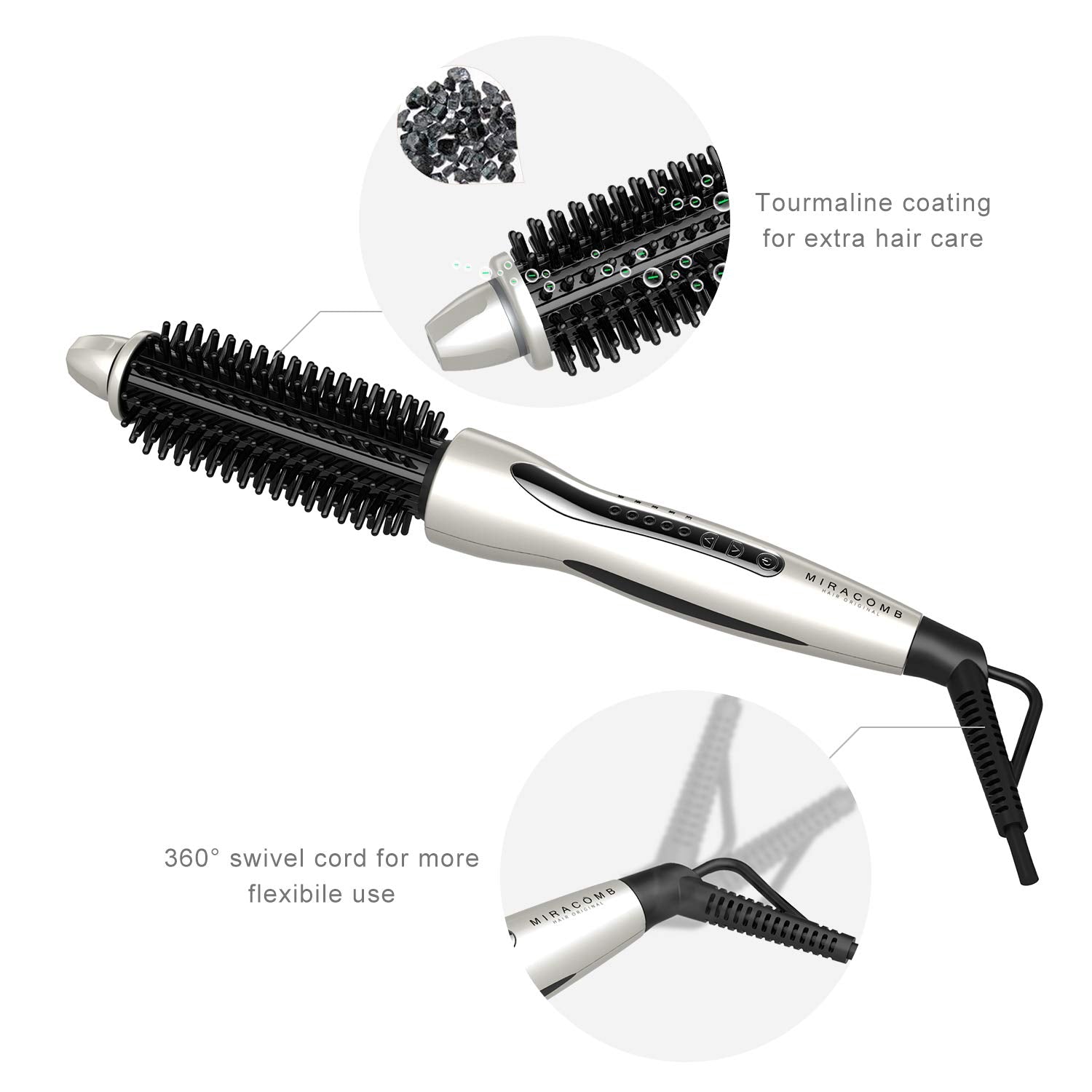 Miracomb Hair Curler Straightening Brush Ceramic Tourmaline Cool Touch Pro Multi Styler With 5 Heat Adjustments 1.25 Inch Barrel Auto Shut Off, Pearl White