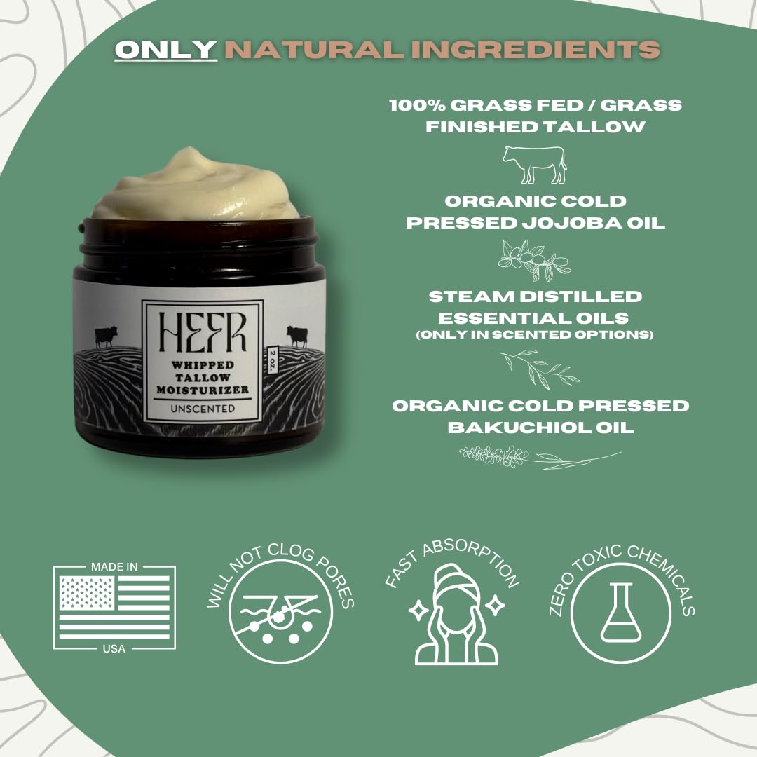 HEFR 100% Grass Fed Beef Tallow for Skin Care, All-Natural Face and Body Whipped Beef Tallow Moisturizer, Organic Beef Tallow Moisturizer for Skin, Face and Body Lotion - (Unscented) 2 oz