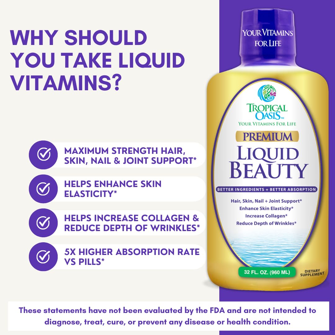 Tropical Oasis - Liquid Beauty | Supplement for Hair, Skin, & Nail Growth - Biotin + Hydrolyzed Collagen (32 Servings)