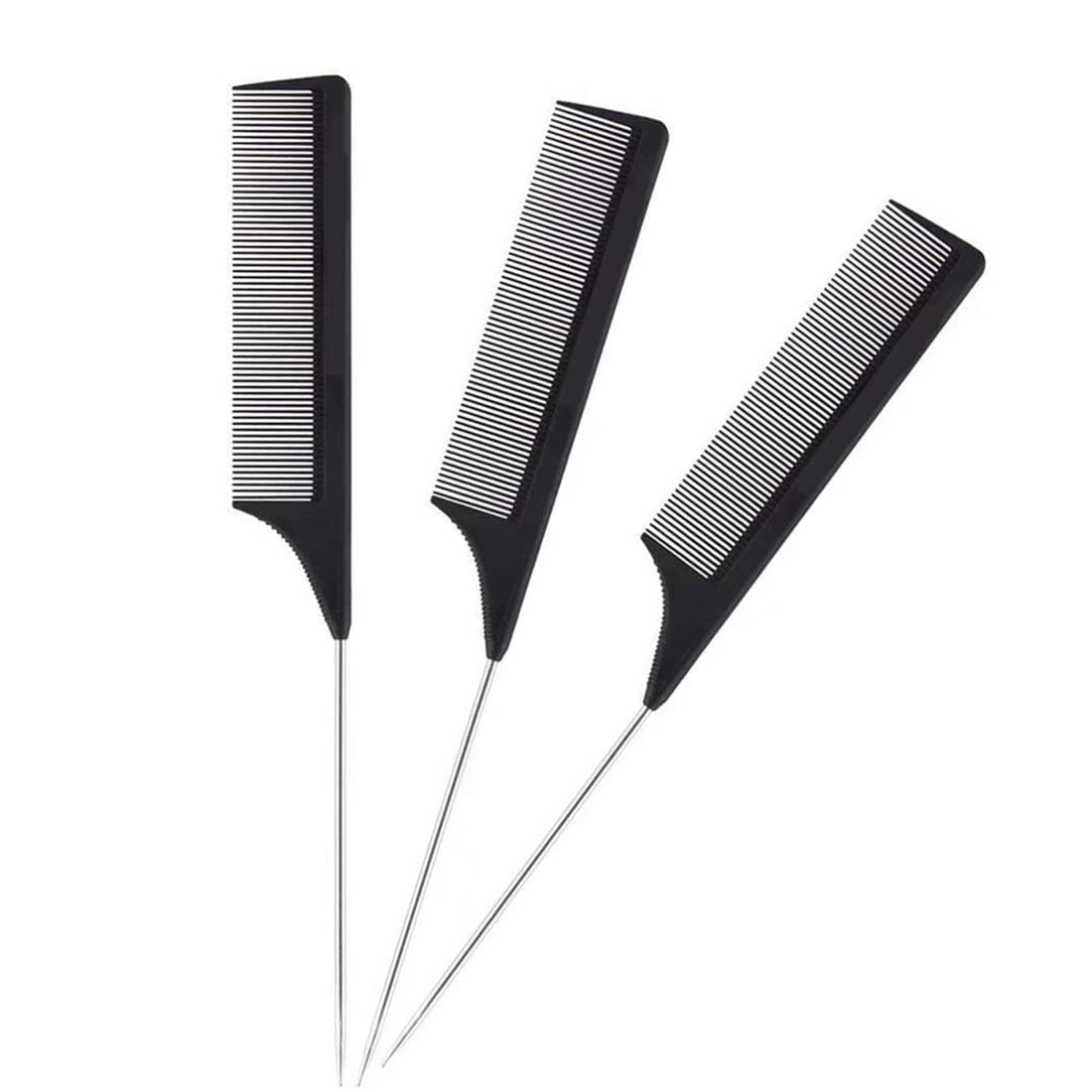1 Pack Professional Carbon Steel Tail Combs Heat Resistant with Metal Pick, Anti Static Black Styling Rat Tail Hair Comb Fine Teeth, Metal Pintail Teasing Comb Brush