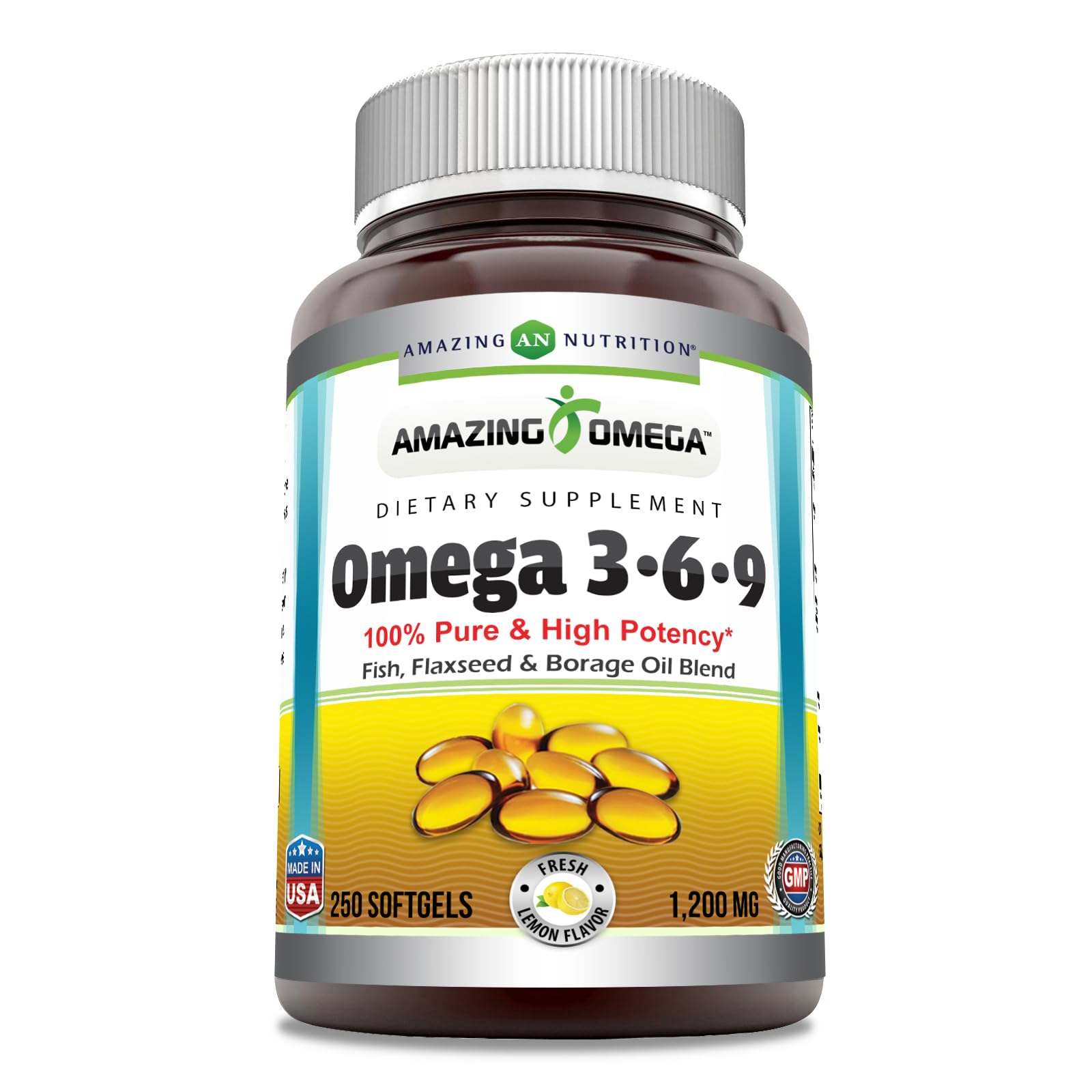 Amazing Omega 3.6.9 1200 mg Softgels Supplement | Unique Formula of Flaxseed Oil 400 mg, Fish Oil 400 mg and Borage Oil 400 mg | Rich in Omega 3,6,9 Fatty Acids (Lemon, 250 Count)