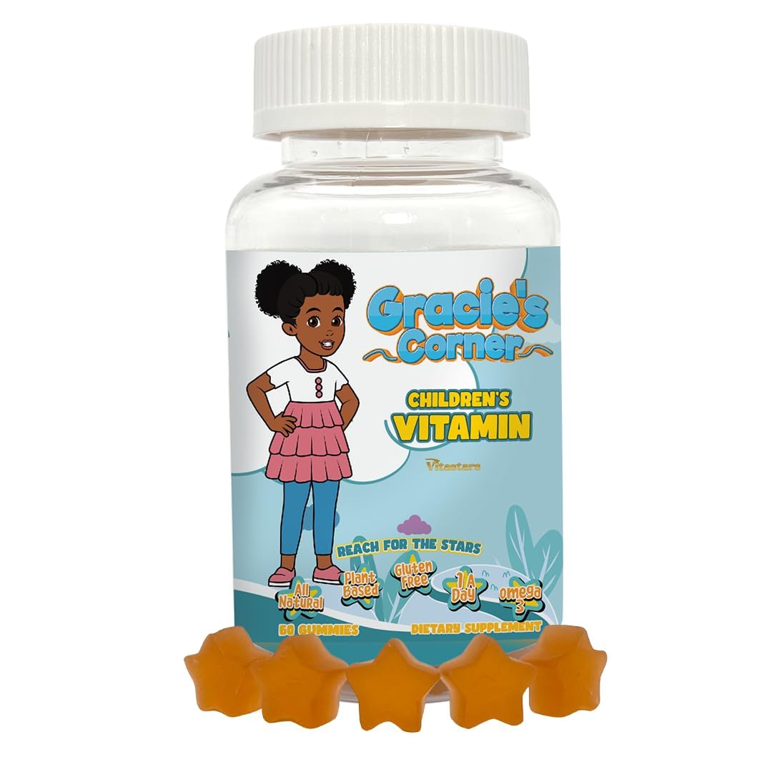 Gracie's Corner Stars Kids Multivitamin Gummies with Omega 3, Selenium, Vitamins A, B, C, D, Plant Based Multi Vitamins for Children, Manganese, 60 Star Shaped Gluten Free Gummies