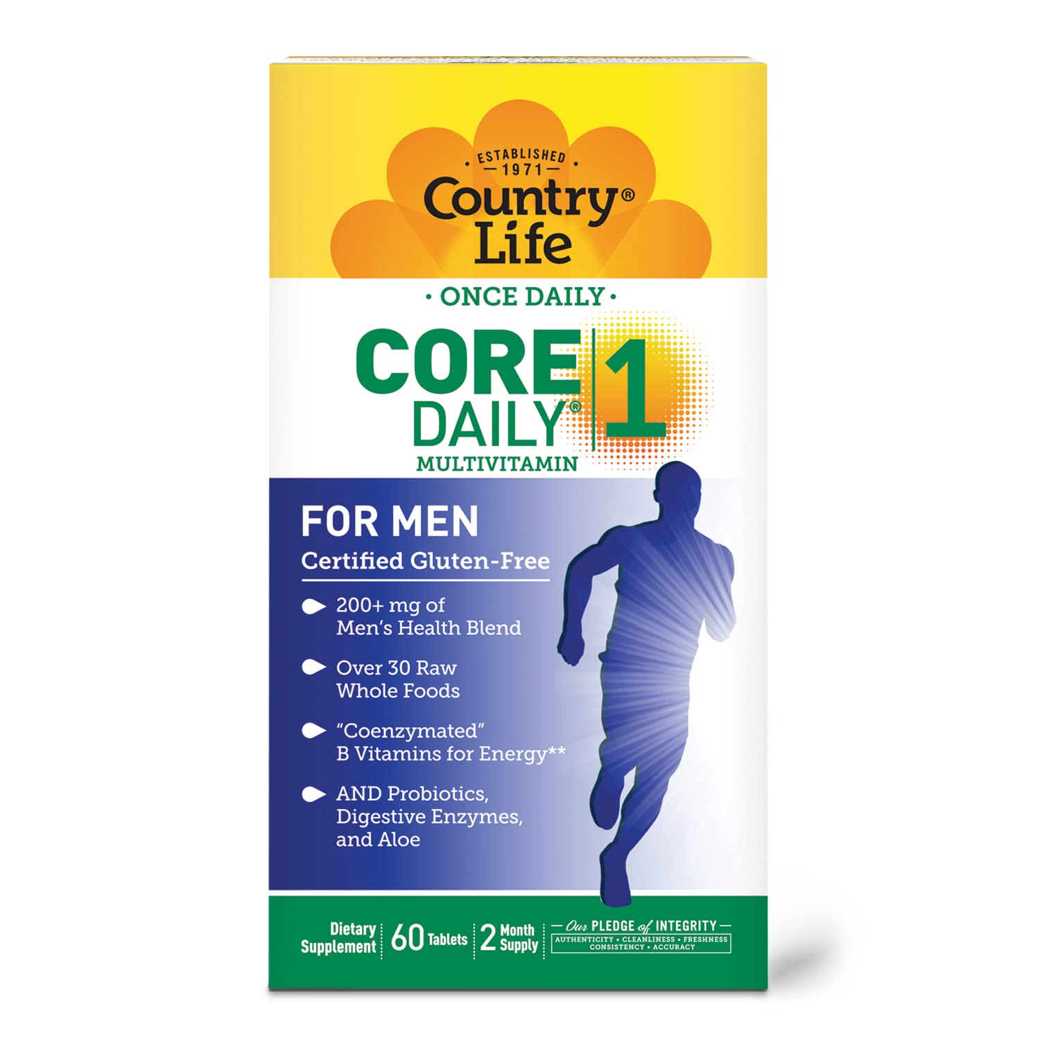 Country Life Core Daily-1 for Men - Multivitamin with Probiotics, Saw Palmetto, Pumpkin Seed Extract, and Coenzymated B Vitamins - Gluten-Free and Vegetarian - 60 Tablets