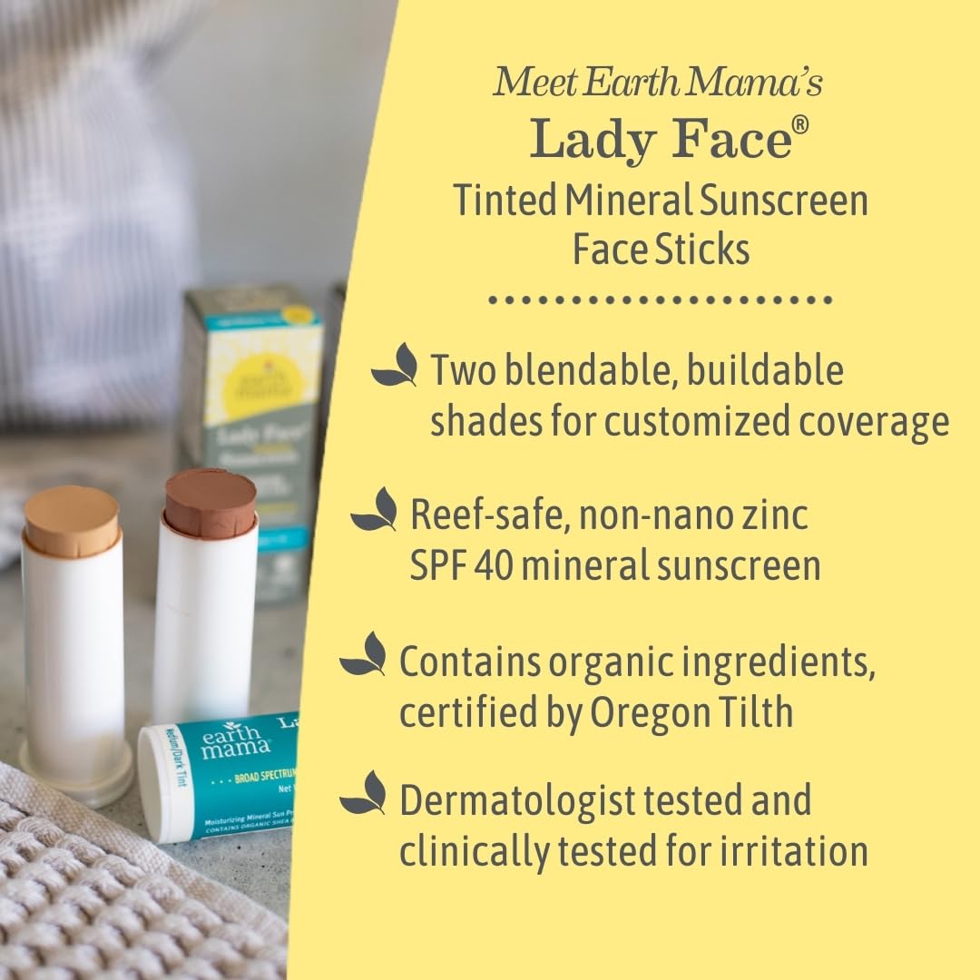 Earth Mama Lady Face® Tinted Mineral Sunscreen Face Stick SPF 40 Light/Medium Tint | Contains Organic Shea & Cocoa Butter | Foundation + Concealer Blends with Most Skin Tones