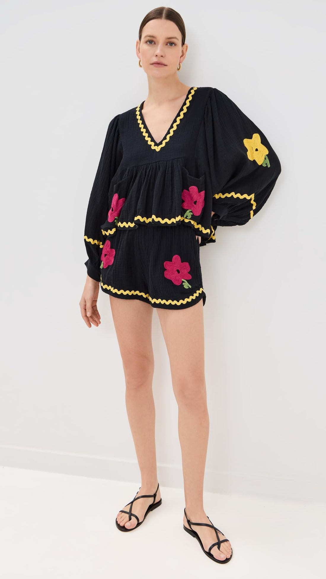 Rhode Women's Renata Top, Casablanca Blossom Embroidery, Blue, Floral, M-L