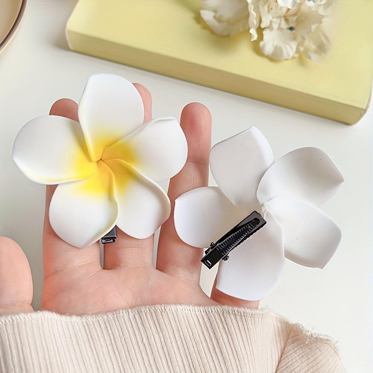 50Pcs 2.5 White Foam Hawaiian Frangipani Artificial Plumeria Flower Hat Hair Clips for Home Bridal Wedding Tropical Party Beach Vacation Decoration