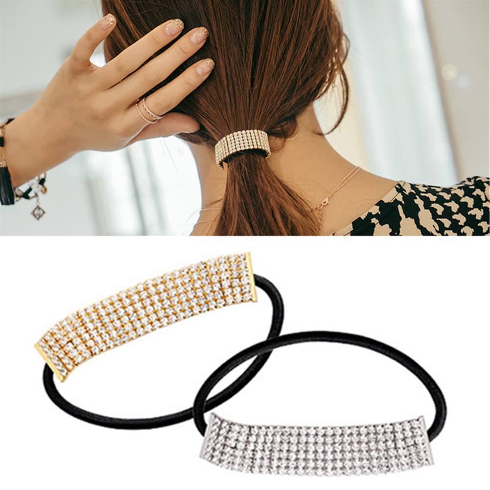 Casualfashion 2Pcs Designer Fashion Elastic Rhinestone Hairtie Ponytail Holder Headband Hair Ties Accessories for Women Girls Hair Band