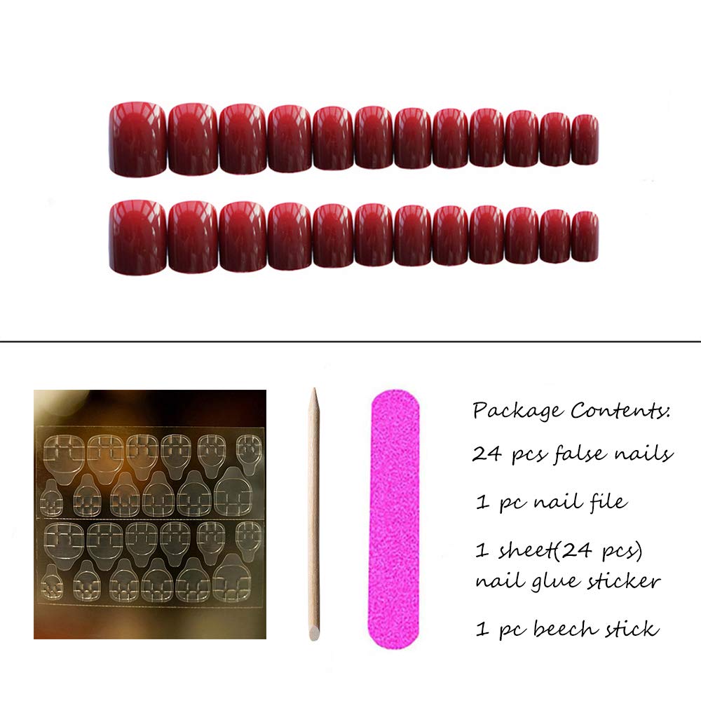 Aimimier 24Pcs Square False Nails Glossy Full Cover Pure Color Short Fake Nails with Glue Sticker Acrylic Artificial Press on Nails for Women and Girls (Burgundy)
