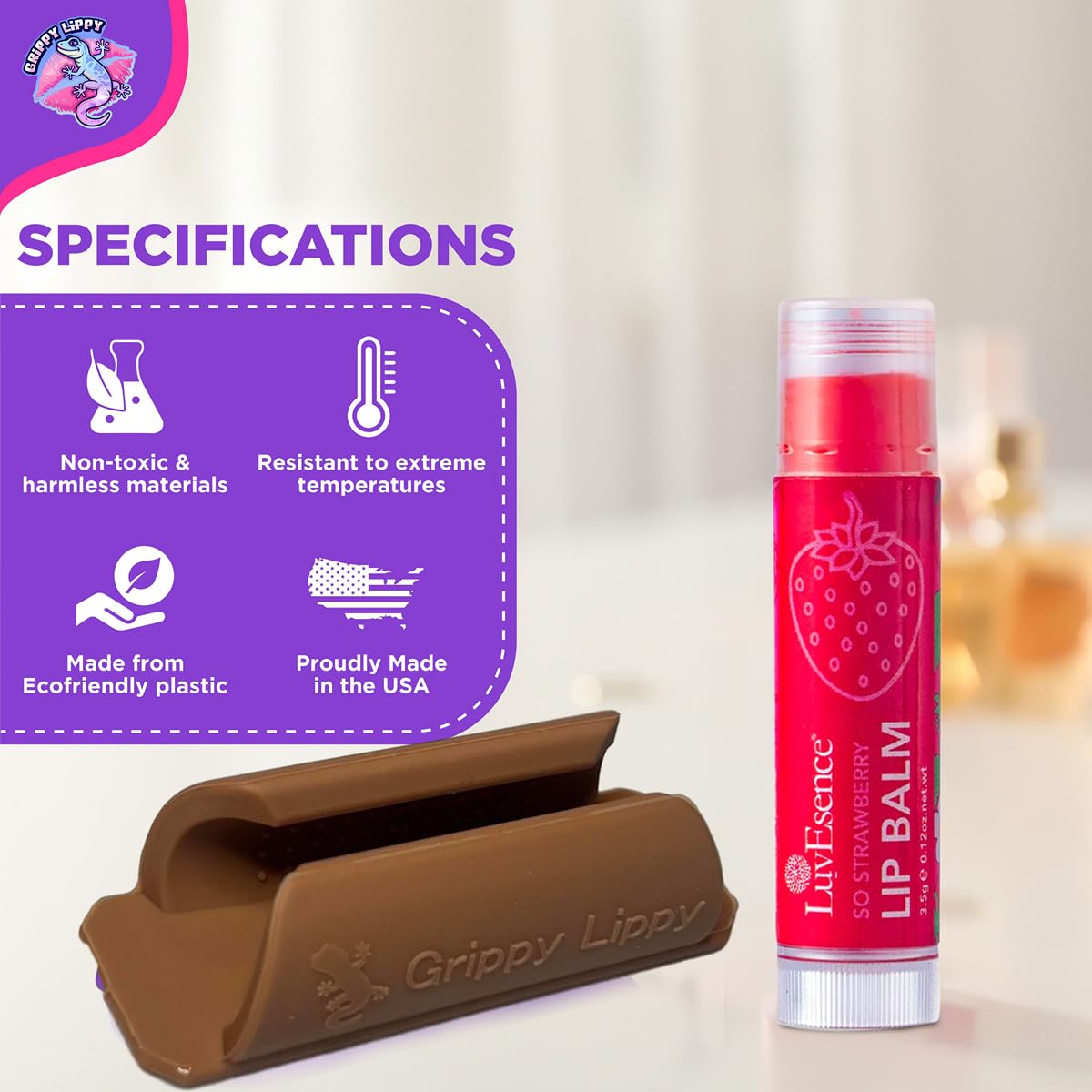 Grippy Lippy Lip Balm Holder - 2 Pack Durable Silicone Organizer with Adhesive Backing | Compatible with Chapstick, Tumbler, Car & Phone Storage | Stylish Moon & Dune Colors