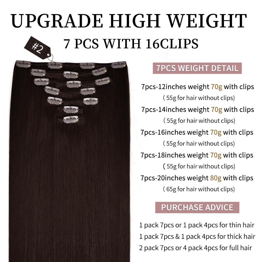 18 inches Clip in Extensions Real Human Hair - 70g 7pcs 16 Clips Straight 100% Remy Human Hair Extensions for Women Dark Brown #2 Color