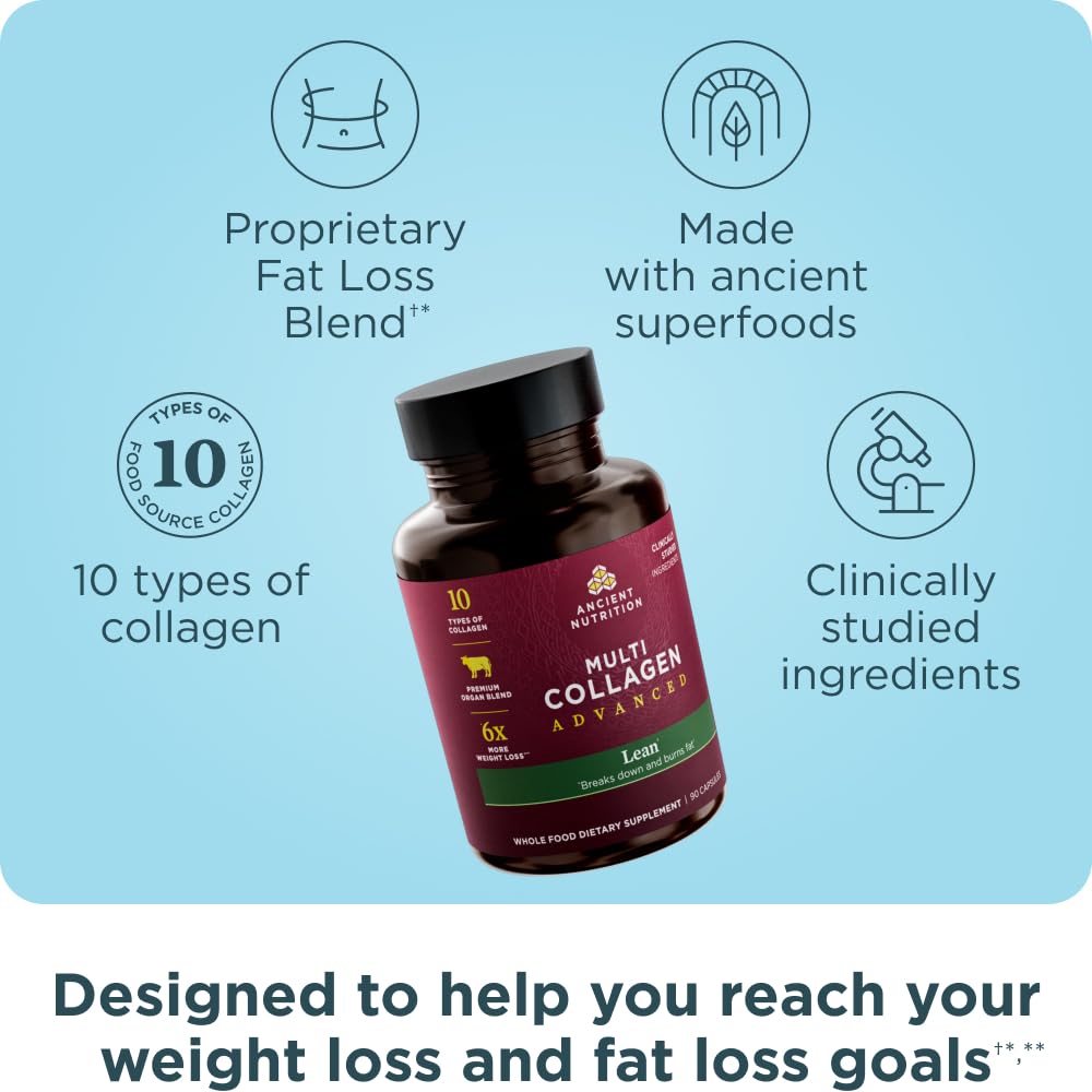 Ancient Nutrition Advanced Collagen Protein Lean with Probiotics, Hydrolyzed Collagen Peptides Supports Healthy Weight Loss* and Fat Loss*, 90 Count
