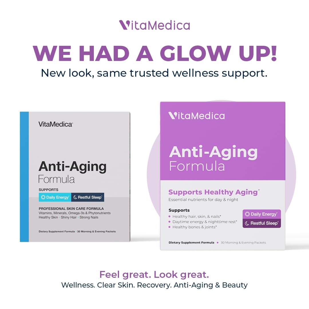 VitaMedica Anti-Aging Formula 4-in-1 Health and Beauty Supplement | Anti Aging Supplement for Women and Men | Healthy Hair, Skin, and Nails | Natural Energy & Restful Sleep | 30 AM & PM Packets