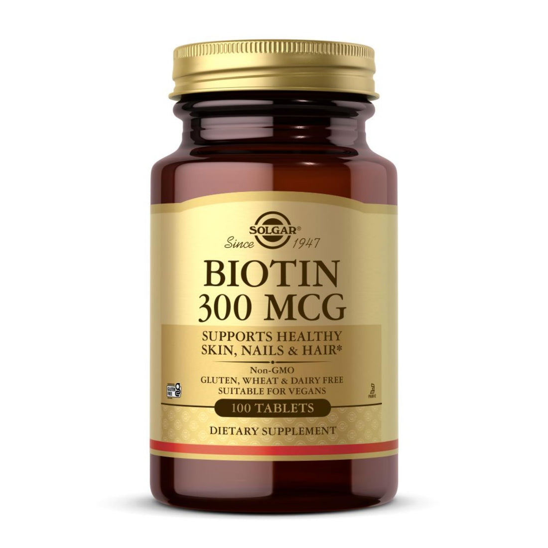 Solgar Biotin 300 mcg - 100 Tablets - Supports Healthy Skin, Nails & Hair - Non-GMO, Vegan, Gluten Free, Dairy Free, Kosher - 100 Servings