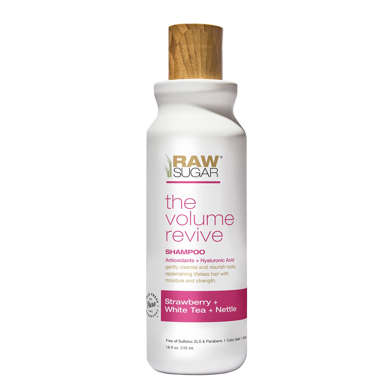 RAW SUGAR Volume Revive Shampoo. Antioxidants + Hyaluronic Acid. Strawberry + White Tea + Nettle. 18 Fl Oz Bottle