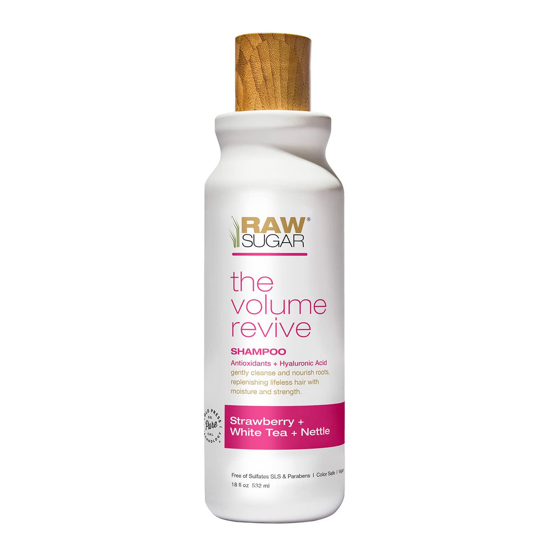 RAW SUGAR Volume Revive Shampoo. Antioxidants + Hyaluronic Acid. Strawberry + White Tea + Nettle. 18 Fl Oz Bottle