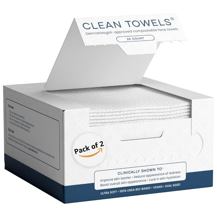 Clean Skin Club Clean Towels®, 100% USDA Biobased Face Towel, Disposable Face Towelette, Eczema Association Accepted, Makeup Remover Dry Wipes, Ultra Soft, 25 ct per pack, 2 Packs, 50 Ct Total