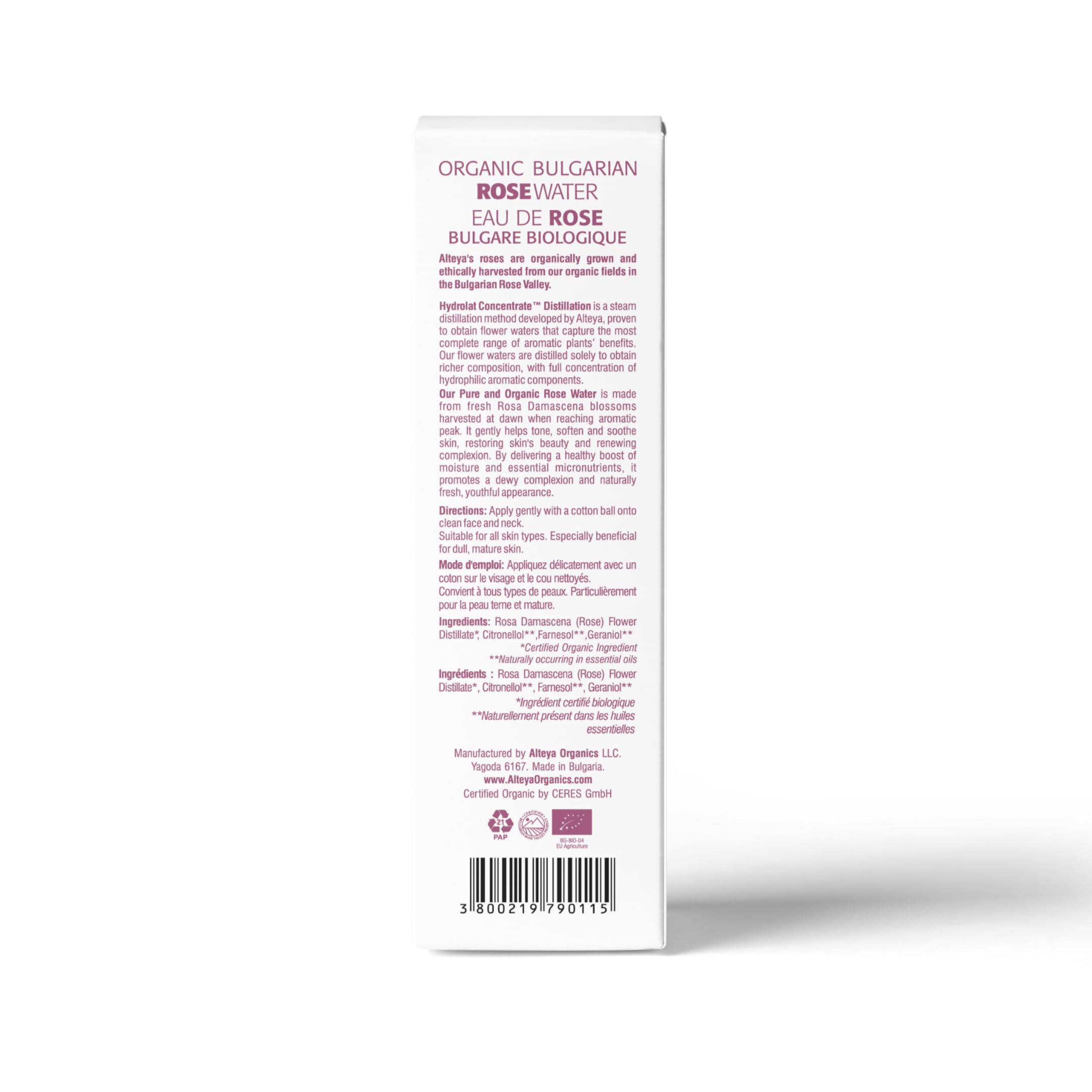 Alteya Organics Rose Water USDA Certified Organic Facial Toner, 8.5 Fl Oz/250mL Pure Bulgarian Rosa Damascena Flower Water, Award-Winning Moisturizer BPA-Free Bottle with Reducer