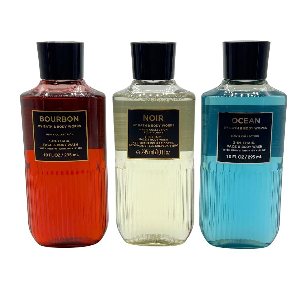 Bath & Body Works BOURBON, NOIR, OCEAN Men's Collection 3-in-1 Hair, Face & Body Wash 3-piece Gift Set with a Blue Bow for Holidays - 10 fl oz each