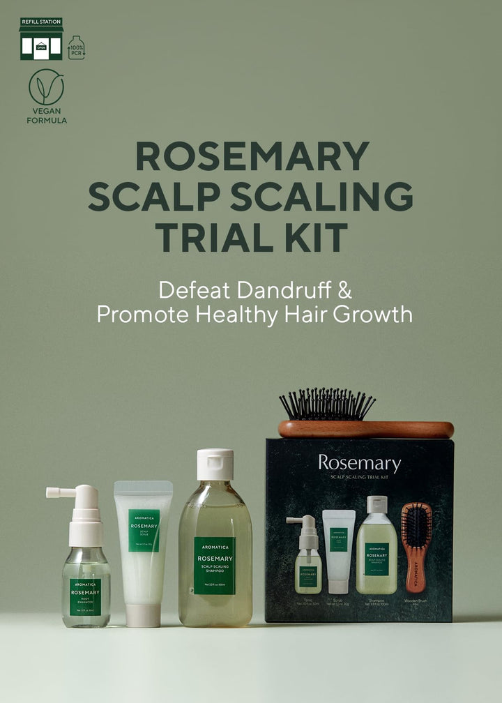 AROMATICA Rosemary Scalp Scaling Trial Kit - Hair Travel Kit | Mini Size Shampoo and Dry Scalp Treatment Set with Mini Wooden Brush, hair care for women