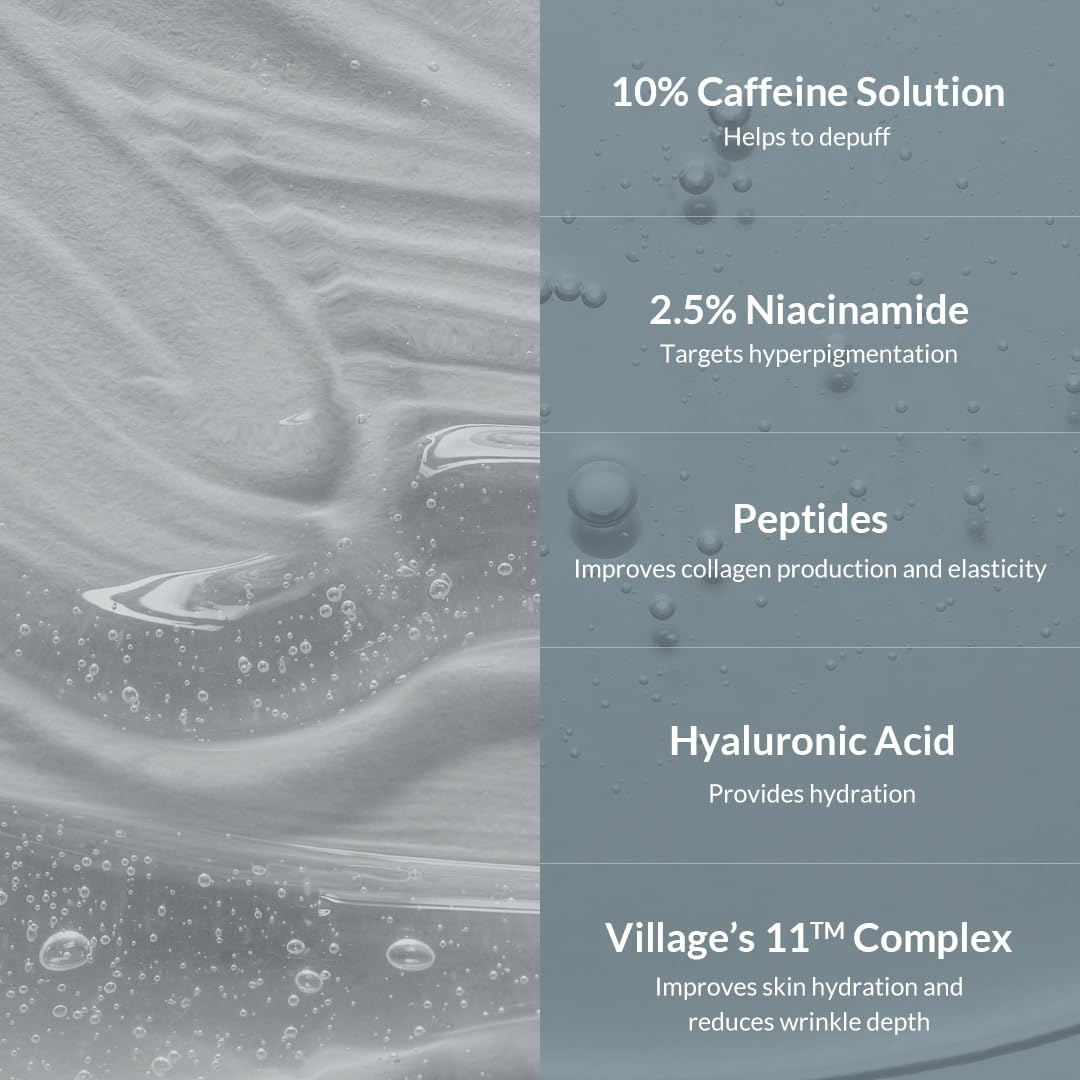 VILLAGE11FACTORY Hydro Boost Caffeine Eye Serum (0.33 fl.oz./10ml) With 10% Caffeine Solution Niacinamide & Hexapeptide-8 Depuff Elasticity Dark Circle Treatment
