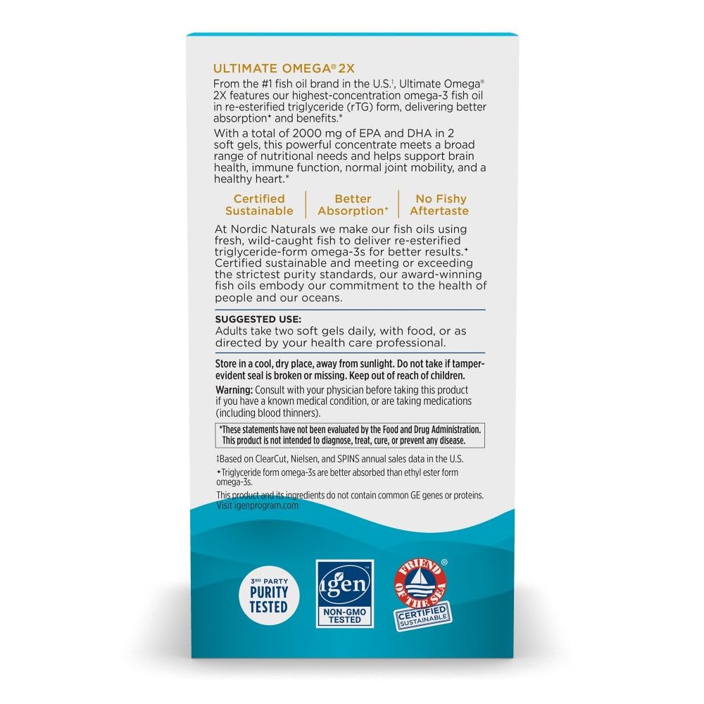 Nordic Naturals Ultimate Omega 2X, Lemon Flavor - 120 Soft Gels - 2150 mg Omega-3 - High-Potency Omega-3 Fish Oil with EPA & DHA - Promotes Brain & Heart Health - Non-GMO - 60 Servings