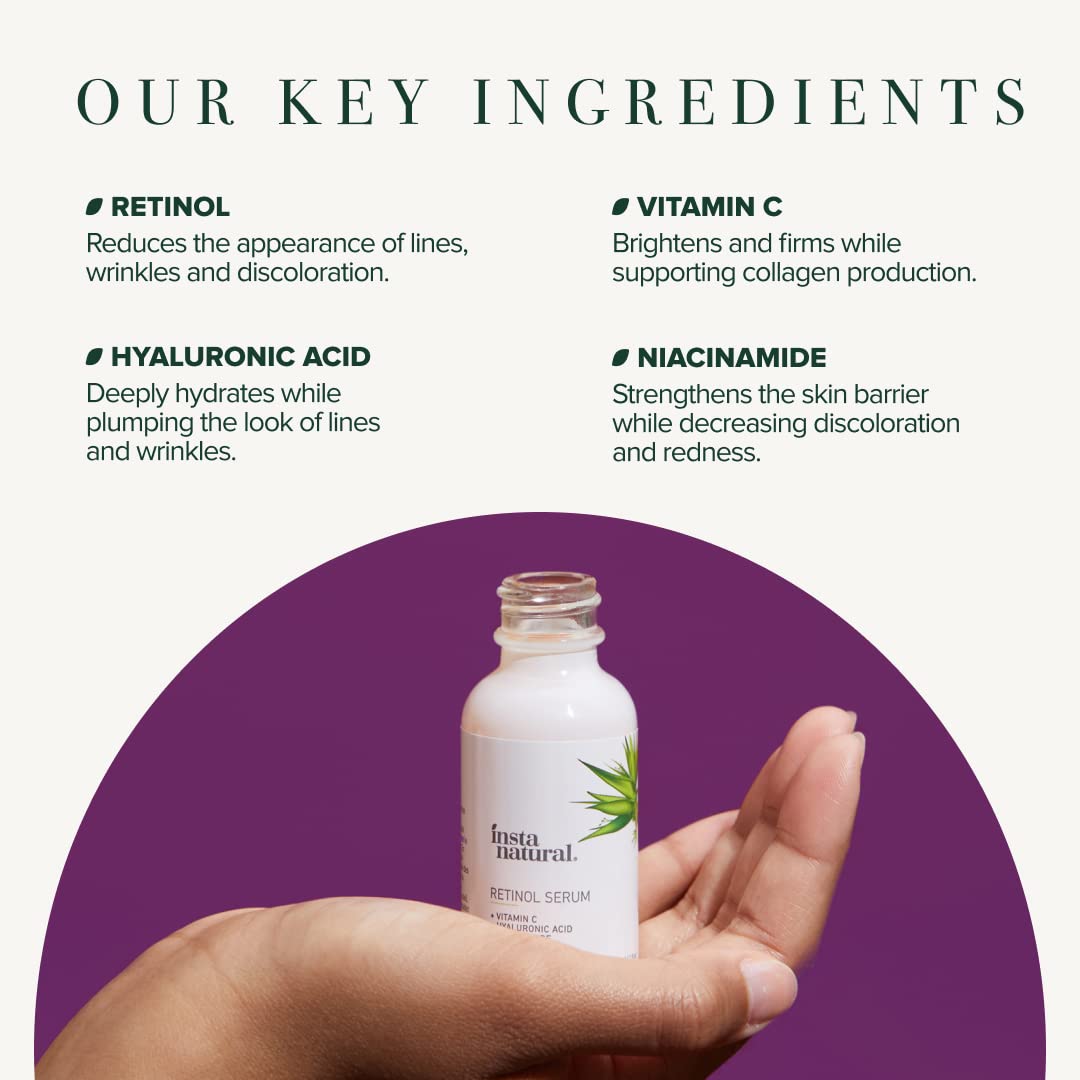 InstaNatural Retinol Serum for Face with Niacinamide, Vitamin C, and Hyaluronic Acid, Anti Aging for Firmer Skin, Lines & Wrinkles & Brightening Serum