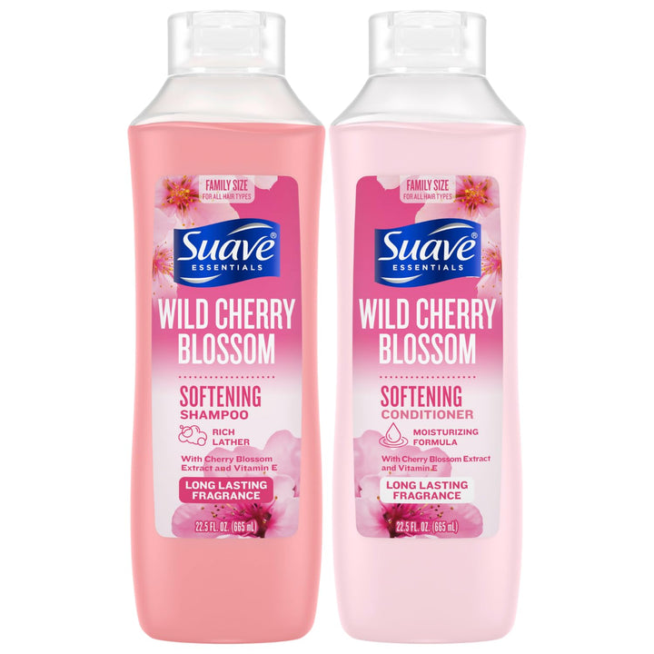 Suave Shampoo & Conditioner Set, Wild Cherry Blossom – Everyday Softening Formulas with Cherry Blossom Extract & Vitamin E, 22.5 Oz Ea (2 Piece Set)