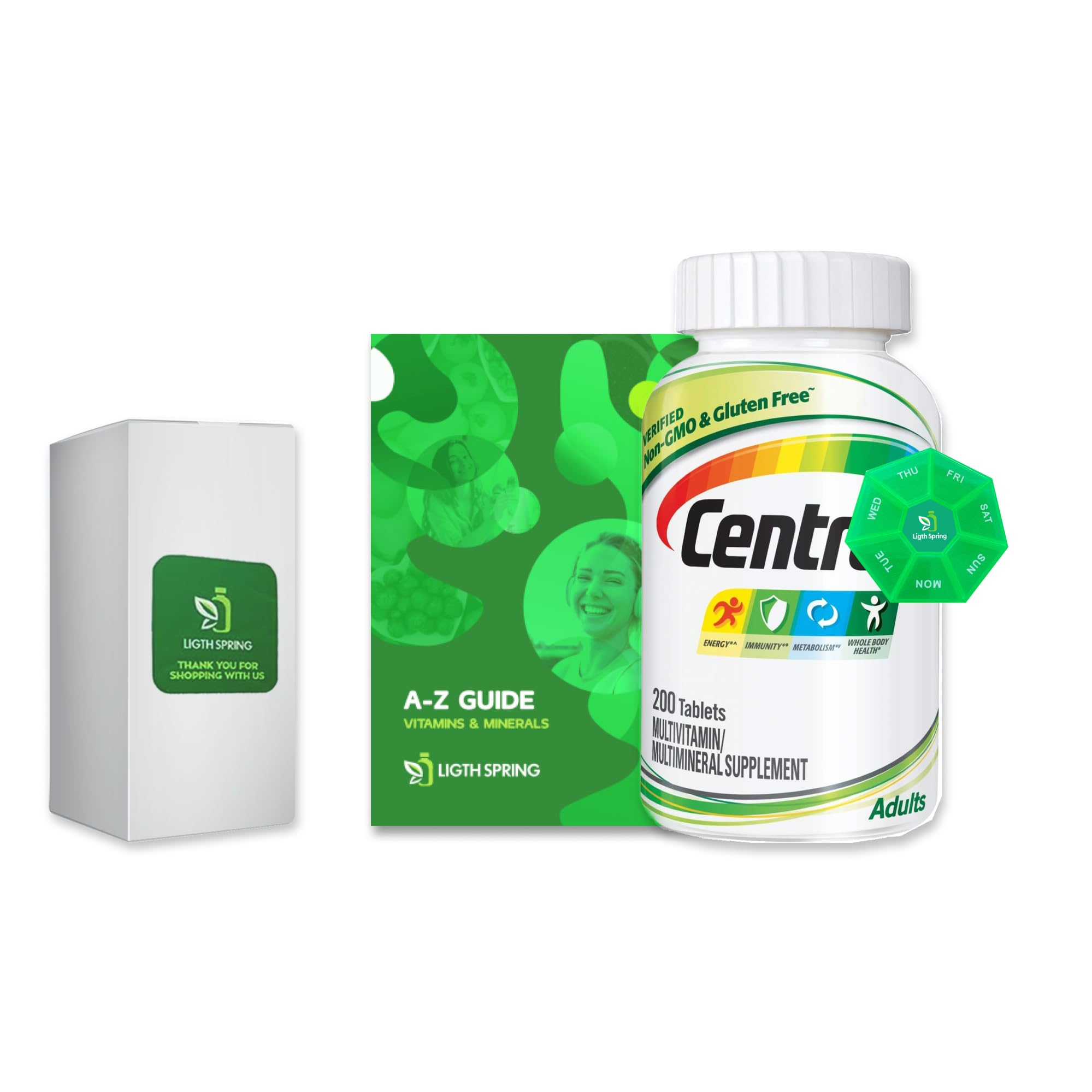 Adult Multivitamin/Multimineral Supplement with Antioxidants, Zinc, Vitamin D3 and B Vitamins 200 Tablets with Weekly Pill Organizer, A to Z Ligth&Spring Guide (3 Items)