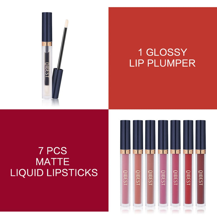 7Pcs Matte Liquid Lipstick + 1Pcs Lip Plumper Makeup Set Kit, Long Lasting Waterproof Velvet Lip Gloss Set, Pigmented Halloween Lip Makeup Gift Sets for Girls and Women