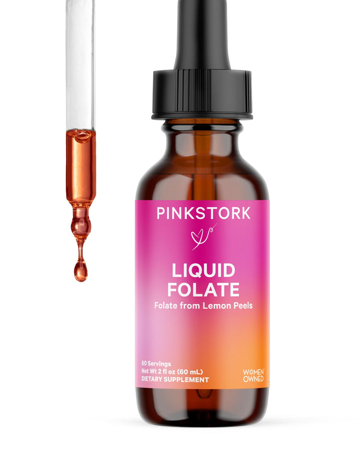 Pink Stork Liquid Folate: Whole-Food Vitamin B9 from Lemon Peels, Natural Folic Acid with Vitamin C, Liquid Prenatal Vitamins for Women, Pregnancy Must Haves, Women-Owned, 2 oz