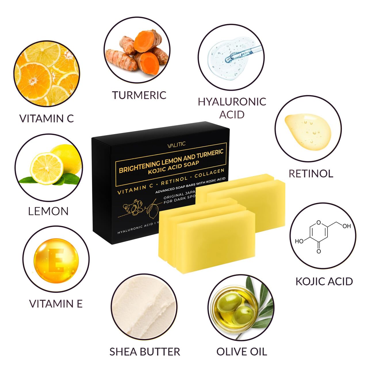 VALITIC Brightening Lemon & Turmeric Kojic Acid Soap with Vitamin C, Retinol, Collagen - Original Japanese Complex Infused with Hyaluronic Acid, Vitamin E, Shea Butter, Castile Olive Oil (5 Pack)