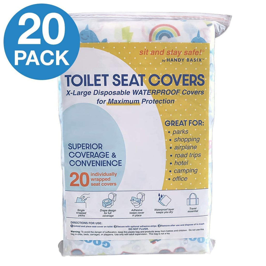Handy Basix XL Full Coverage Disposable Toilet Seat Covers for Kids, Adults & Potty Training, Waterproof, 20 Pcs - Single Wrapped (Good Vibes)