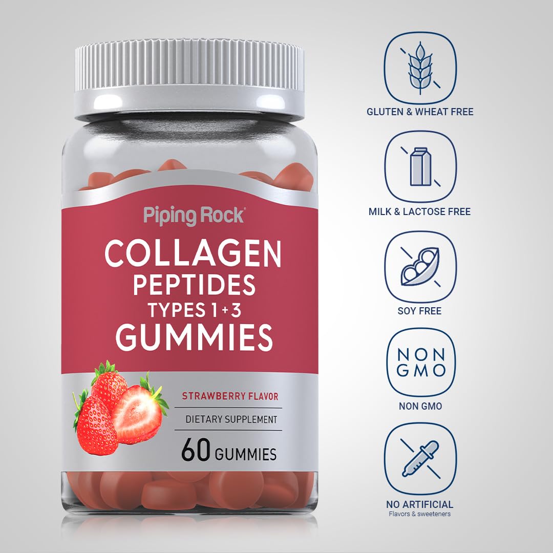 Piping Rock Collagen Gummies | 60 Count | Collagen Peptides Type 1 and 3 | Strawberry Flavor | Bovine Supplement | Non-GMO, Gluten Free