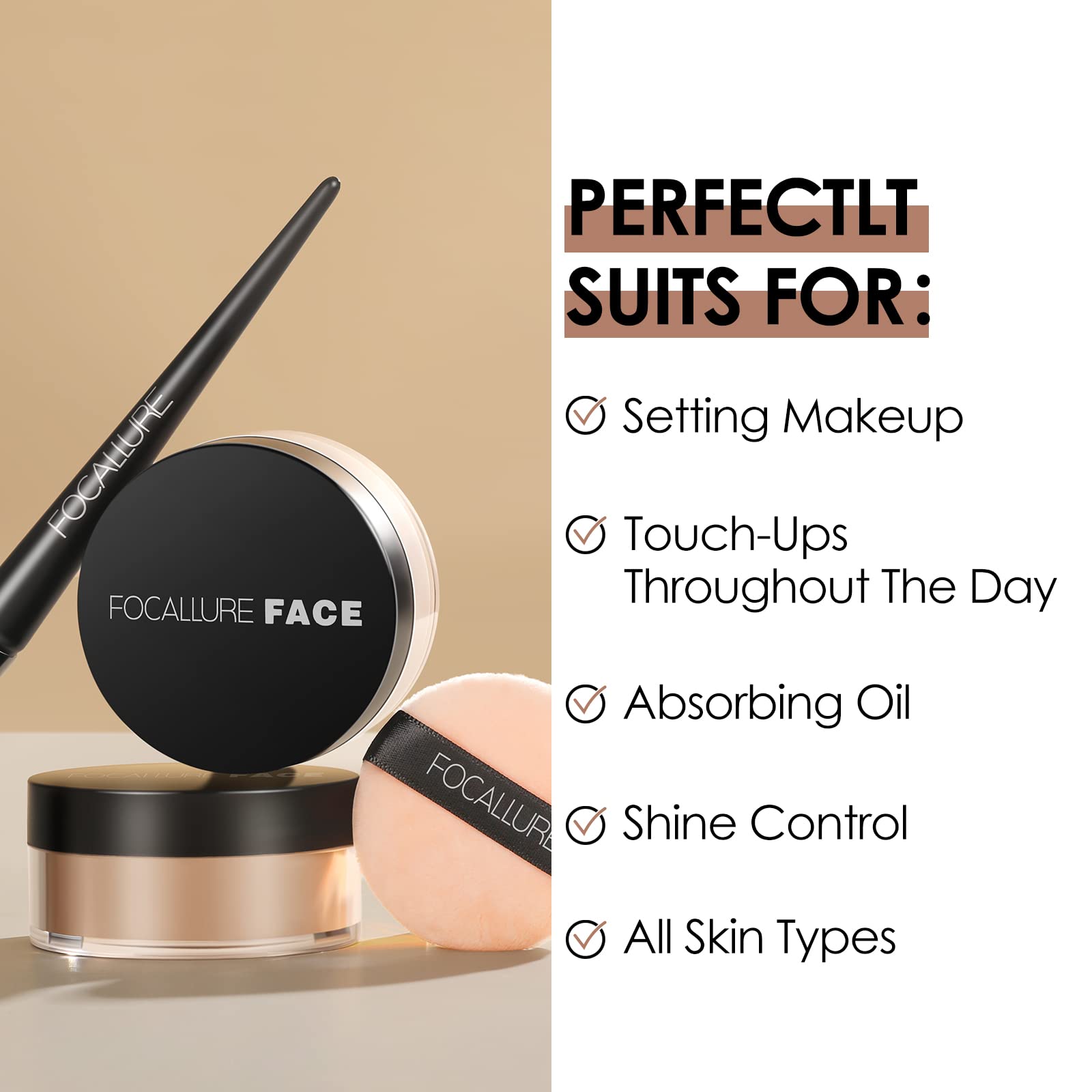 FOCALLURE Oil Control Loose Face Powder, Translucent Loose Setting Powder, Shine-Free Matte Finishing Powder, Long-lasting & Lightweight Sets Foundation Makeup, Includes Velour Powder Puff, Beige