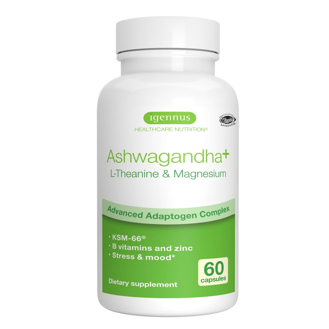 Igennus Advanced Ashwagandha KSM-66, L-Theanine & Magnesium, Clean Label, Multi Action Adaptogen Complex for Stress Support with Zinc & B Vitamins, 60 Vegan Capsules