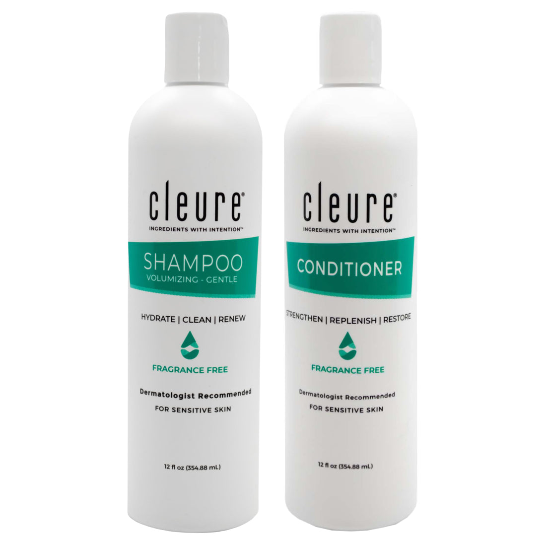 Cleure Shampoo and Conditioner Set Sulfate Free, Fragrance Free for Sensitive Skin - Volumizing Shampoo & Hydrating Conditioner (12 Oz each, Pack of 2)