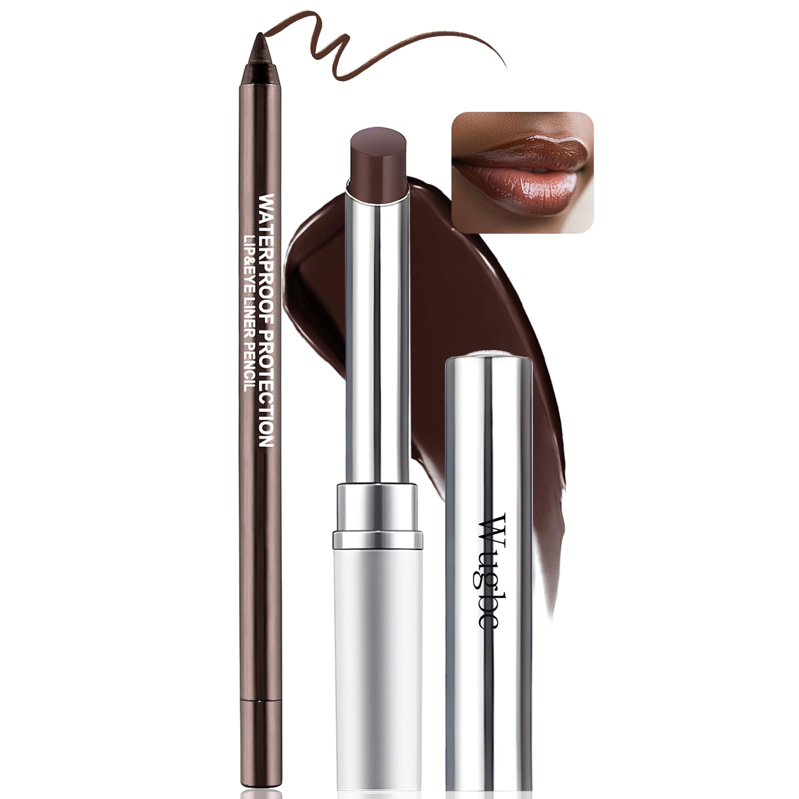 Wugbc Tinted Lip Balm Brown Lip Liner Set, Hydrating Formula Black Lipstick for Women, Matte Lip Liner and Lipstick Combo Natural Glossy Finish Makeup Lip Care Balm for Repairing Dry Lips