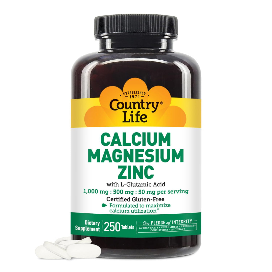 Country Life Calcium Magnesium Zinc with Vitamin D3 and L-Glutamic Acid, Dietary Supplement for Bone Support, Certified Gluten Free, 1000mg/500mg/50mg, 250 Tablets