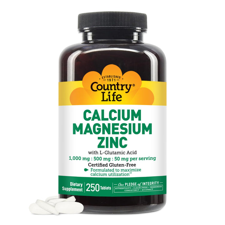 Country Life Calcium Magnesium Zinc with Vitamin D3 and L-Glutamic Acid, Dietary Supplement for Bone Support, Certified Gluten Free, 1000mg/500mg/50mg, 250 Tablets