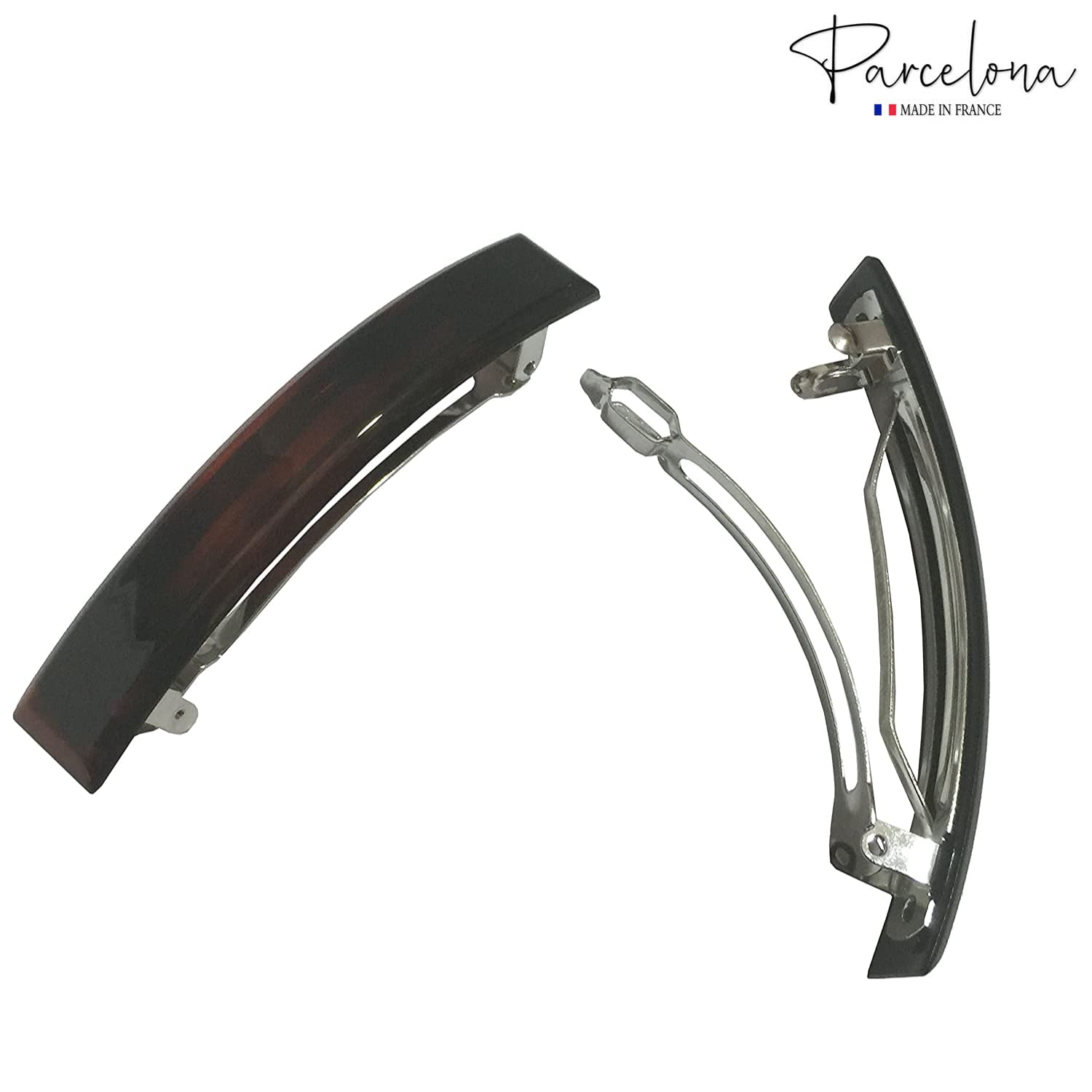 Parcelona French Large Bar Set of 2 Black N Shell Brown Celluloid Automatic Hair Clip Barrette