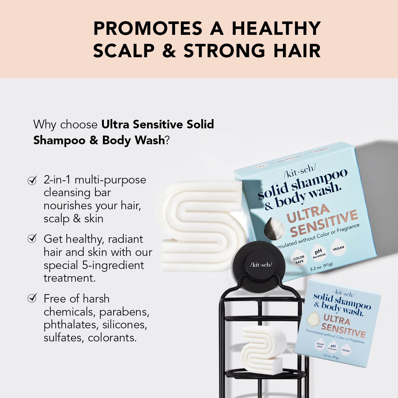 Kitsch 2-in-1 Shampoo Bar & Body Wash Bar for Sensitive Scalp & Skin, Made in US, Ultra Sensitive Shampoo Bars for Hair & Body, Vegan & Natural, 5 Ingredients Only, Scent Free, Paraben Free, 3.2oz