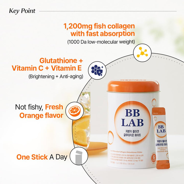 BB LAB Collagen Glutathione White, Low Molecular Korean Collagen & Glutathione Stick Supplement, Fish Collagen Peptides, Vitamin C, Vitamin E, Glutathione, Fast abosorption, Orange Flavor