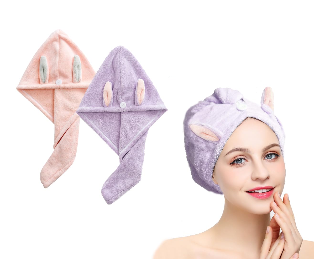 Flycheers Hair Towel Wrap,(Pink+Purple) Rabbit Ears Turban 2 Pack,Microfibre Hair Towel, Super Absorbent,Hair Drying Towel with Button, Dry Hair Hat, Wrapped Bath Cap