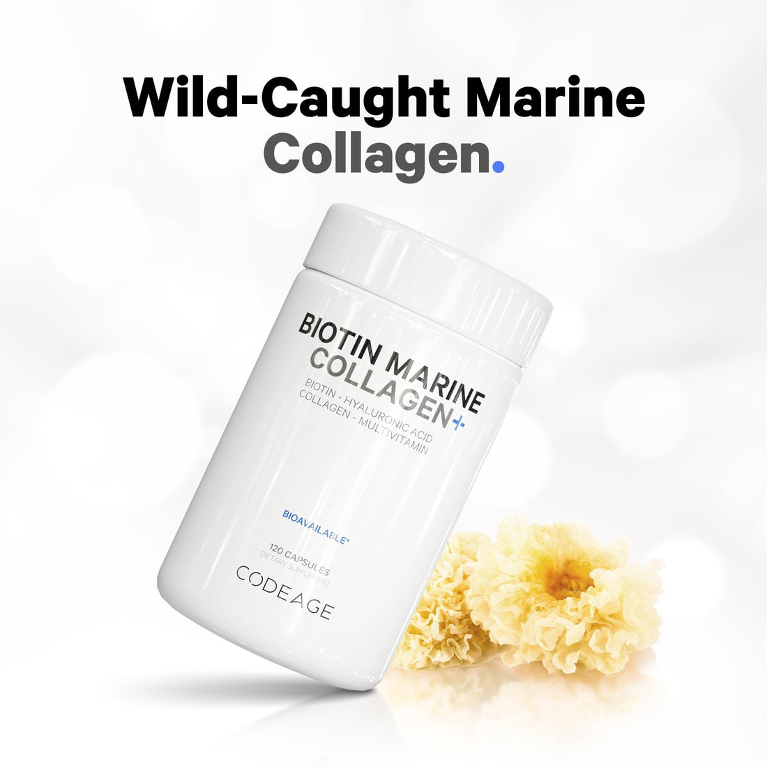 Codeage Biotin Marine Collagen Peptides - Wild-Caught Marine Collagen Types I & III, 10,000 mcg Biotin, Vitamins C & E, Hyaluronic Acid, Amino Acids, Fruit and Herb Blend, Non-GMO - 120 Capsules